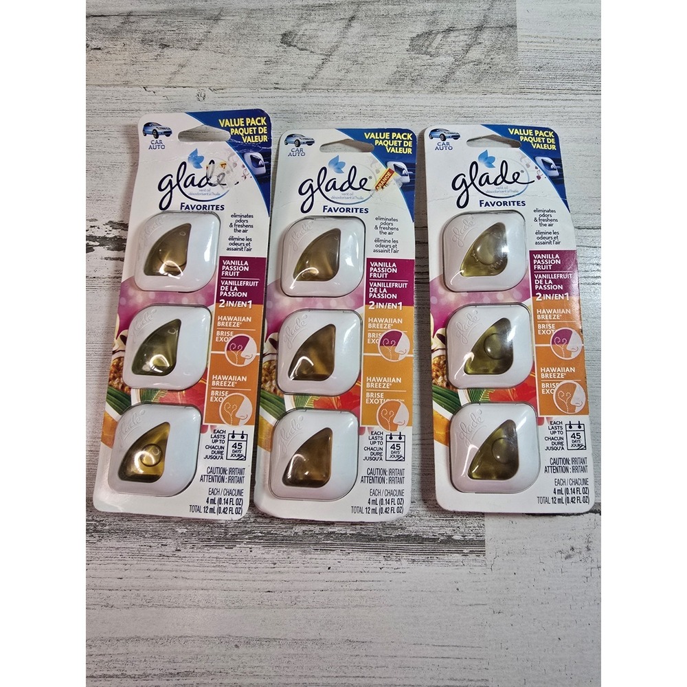 Glade Favorites Car Auto Vent Oil Air Freshener Vanilla Hawaiian 3 Pack Bundle